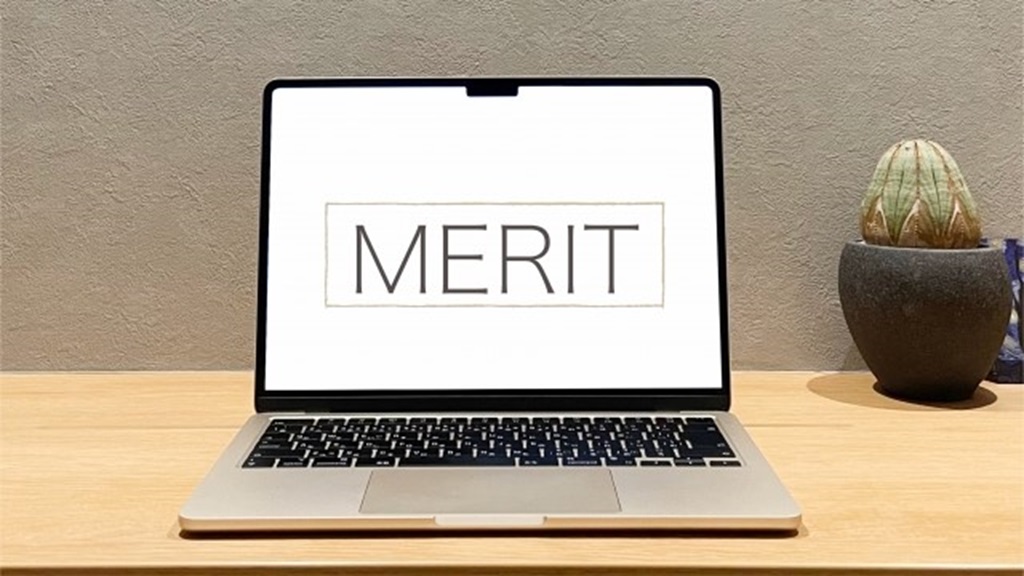 PCに映し出されるMERITの文字