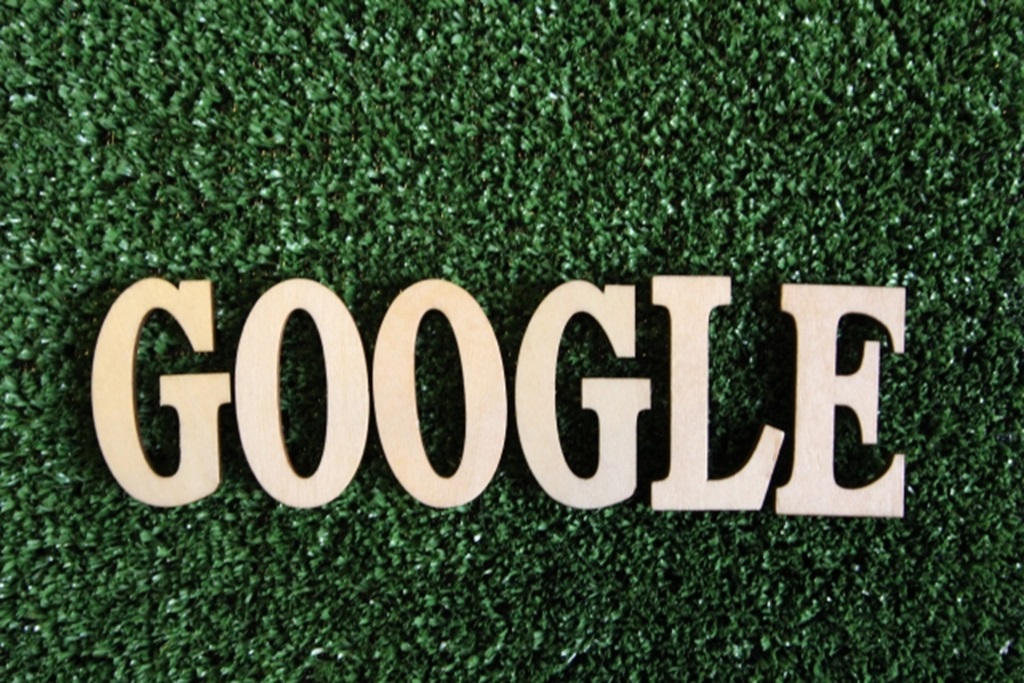芝生の上に転がるGOOGLEの文字