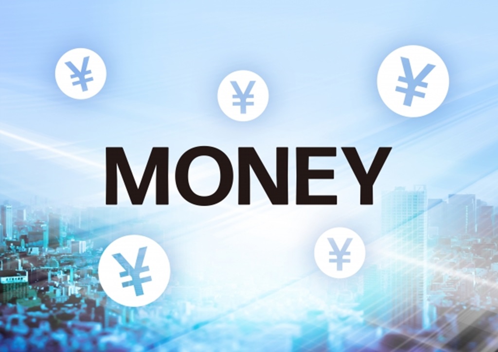 MONEYの文字とオフィスビルでお金と会社を表現