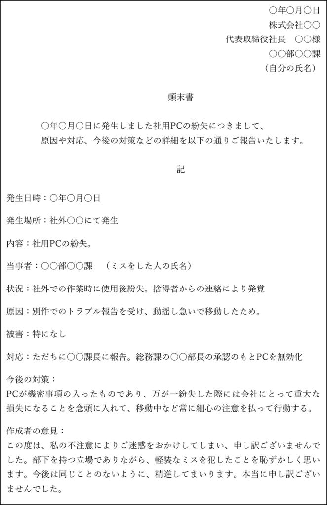 社内用顛末書の一例