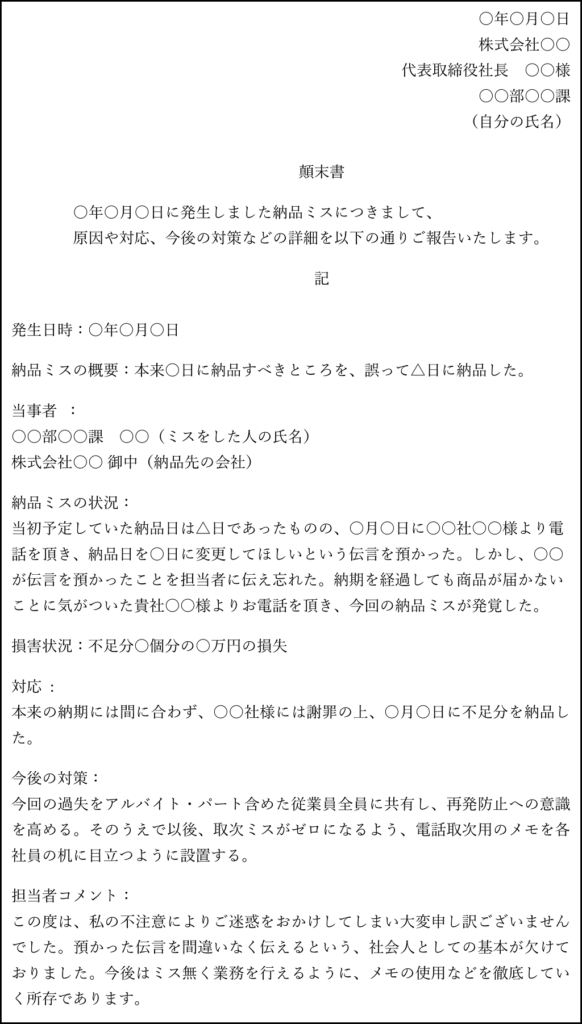 社外用顛末書の一例
